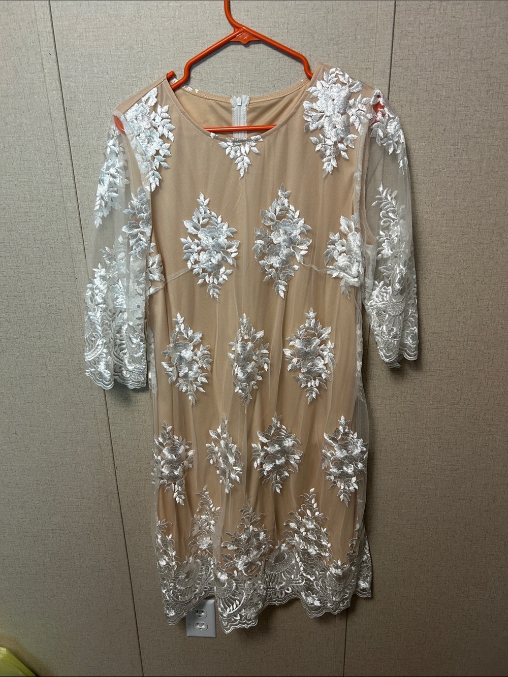 Elegant Nude Lace Overlay Dress with White Embroidery